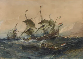 Holländska skepp i en storm, 1839 (wc & gouache på vävt papper)